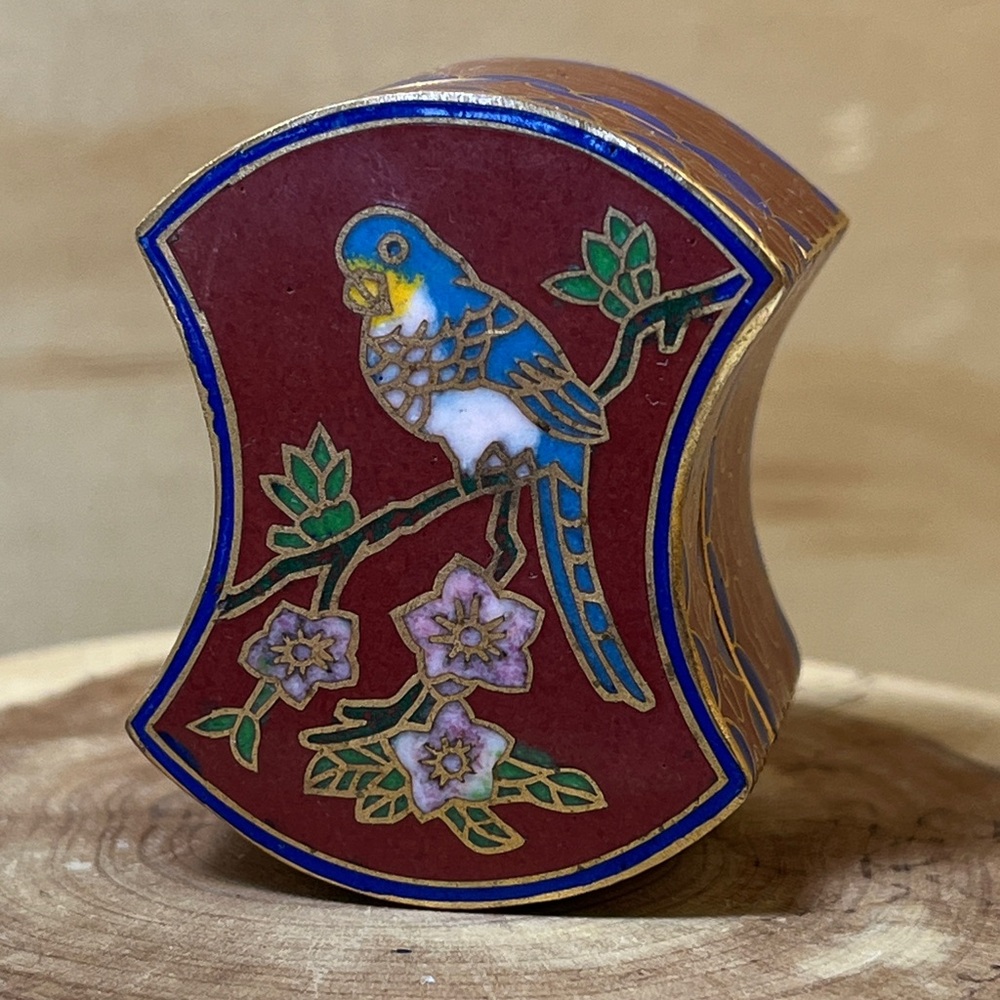Vintage Cloisonné Enamel Floral Bird Motif Trinket Box